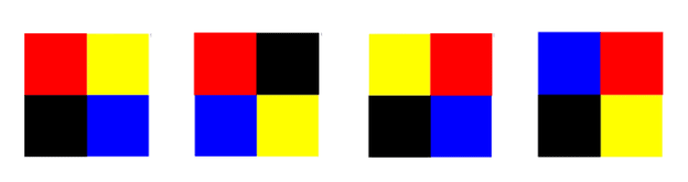 4 squares made out of 4 squares that have variations of red, black, blue and yellow.