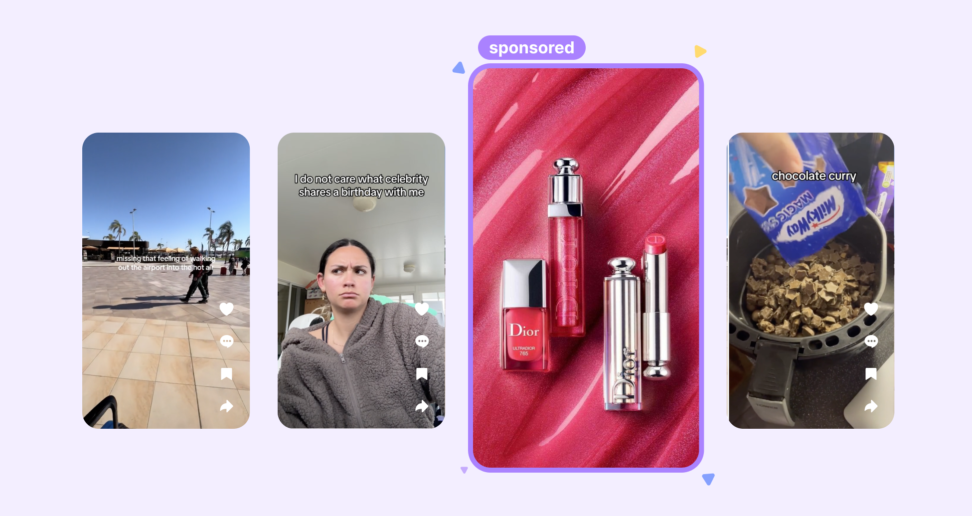 The visual shows how inappropriate designs stand out from user's feed too much, prompting users to scroll away before the ad could impact them. Users don't watch ads on purpose on social media platforms, therefore it's important to create ads that feel less intrusive in user's feed to maximize brand impact.